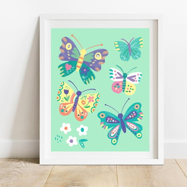 Patterned Butterflies Art Print/ 8X10 Mint, Purple and Yellow Butterfly Illustration/ Kids Room Decor/ Whimsical Nursery Wall Art 