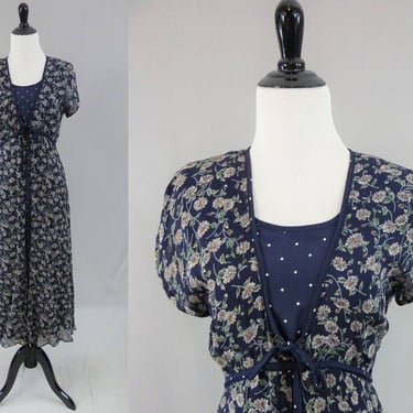 90s Long Floral Dress - Romantic Navy Blue Floral and Polka Dots - Polkadot Flower Dress - Starina Made in India - Vintage 1990s - S 