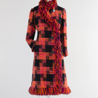 Fabulous 1960's Bold Plaid Wool Statement Coat With Fringe / Medium