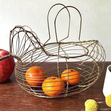 Vintage Metal Wire Chicken-shaped Egg Basket | MCM Cottage Country Farmhouse Kitchen Decor | Pantry Fruit Storage Organizer | Duck Bird Wing 