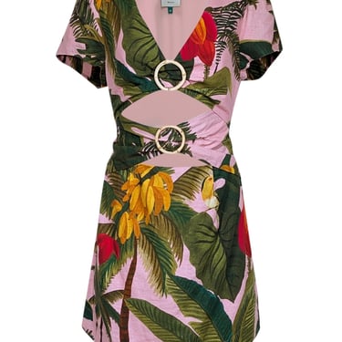 Farm - Pink & Green Tropical Print Linen Blend Mini Dress Sz M