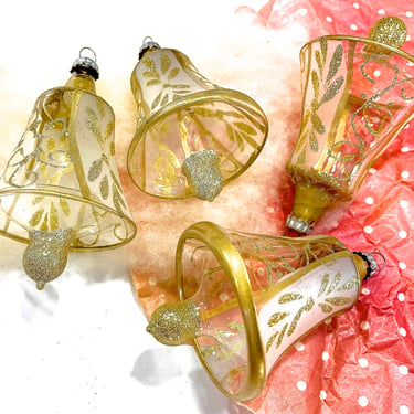 VINTAGE: 4pcs - Hand Blown Christmas Bell Ornaments - Hand Decorated - Christmas Holidays Xmas 