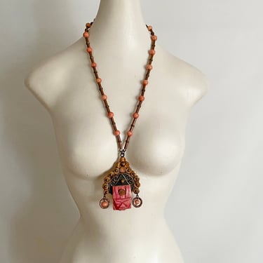 Vintage Pink Onyx Mask Necklace • 1960s 1970s Mexican Copper Face Pendant • Oaxaca Mexico Rockabilly Aztec Jewelry • Large Size • 