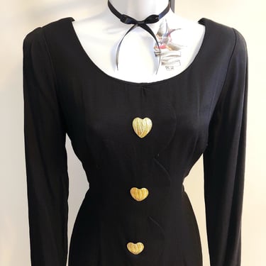 80s lbd with gold heart buttons sheath dress, vintage santa fe/jim tremblay label valentine dress 