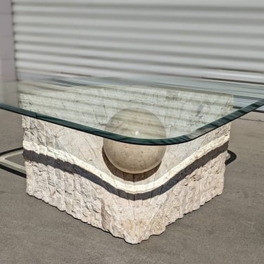Vintage Postmodern Tesselated Mactan Stone Coffee Table | Glass Top | Post modern | 1980s | MCM | Mid Century | Unique | Maitland Smith 