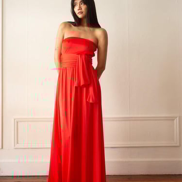 1970s Hannah Troy Candy Apple Red Strapless Jersey Gown with Huge Sash 