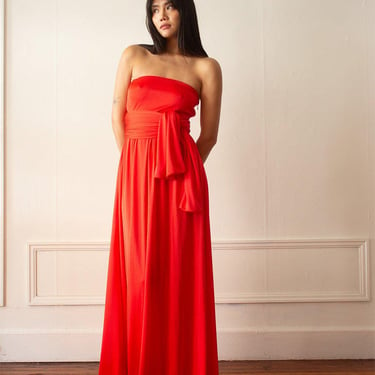 1970s Hannah Troy Candy Apple Red Strapless Jersey Gown with Huge Sash 