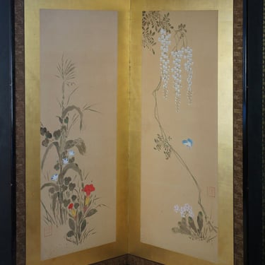 Antique big Japanese Zen painting 1880 Rimpa school Byobu art Japan interior wind screen 
