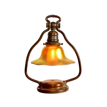 Antique Original TIFFANY STUDIOS New York 418 Bronze Favrile Shade Lantern Desk Lamp, Art Nouveau, 12" Tall 