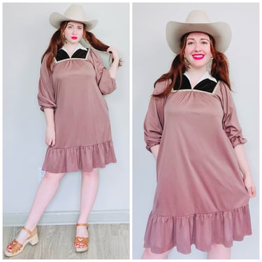 1970s Vintage Jerell Petites Brown Polyester Mini Dress / 70s Puffed Sleeve Velvet Bib Babydoll / Medium 