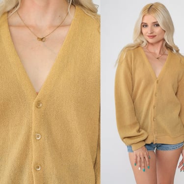 80s Cardigan Sweater 80s Wool Mohair Sweater Vintage Hippie Knit Button Up V Neck Grandpa Sweater 1980s Sand Gold Puritan Men's Large 