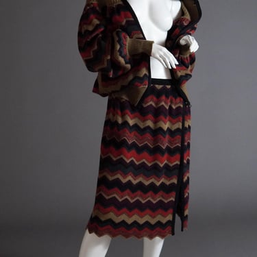 F/W 1977 Yves Saint Laurent Rive Gauche rare documented striped sweater matching set with hooded knit and knee length skirt 