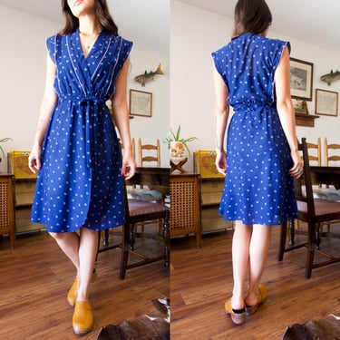 Vintage 70s Kings Row Blue Scallop Shell Patterned Dress 