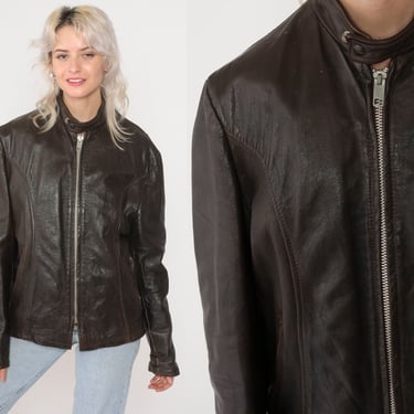 Dark Brown Leather Jacket 70s Zip Up Moto Jacket Retro Seventies Coat Sleek Simple Basic Fall Removable Lining Plain Vintage 1970s Small S 