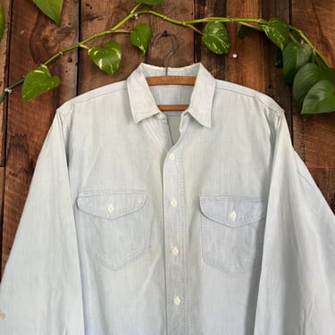 Vintage 60s Faded and Distressed Chambray Work Shirt size L 