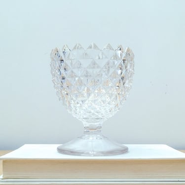 Vintage Clear Pressed Glass Compote, Footed Pedestal Bowl Apothecary Candy Dish with Diamond Pattern 