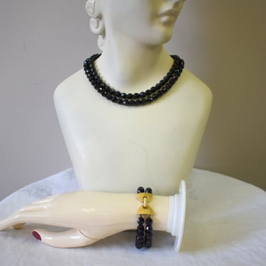 1950s Black Faceted Glass Bead Necklace and Bracelet Demi-Parure 