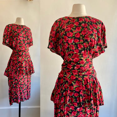 Vintage 80s Dress / 40s Dress Style / Rose Print / Drop Shoulder + Ruched Waist + Peplum + Pencil Skirt / John Roberts 