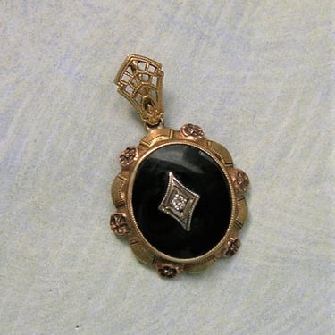 Antique 10K Tri-Color Gold and Onyx Edwardian Pendant, 10K Gold Filigree Pendant, Edwardian Pendant (#3995) 