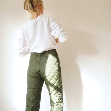 Vintage Military Quilted Liner Pants | Green Quilt Cotton Army High Waist Liner Pants |  Insulated Puffer | S 