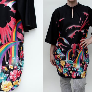 Vintage 70s House Dress / Robe - Black Clouds / Abstract Floral Rainbow Design 