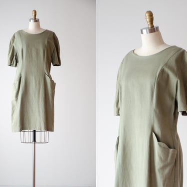 green linen dress | 80s 90s vintage olive green minimalist loose oversized short linen dress 