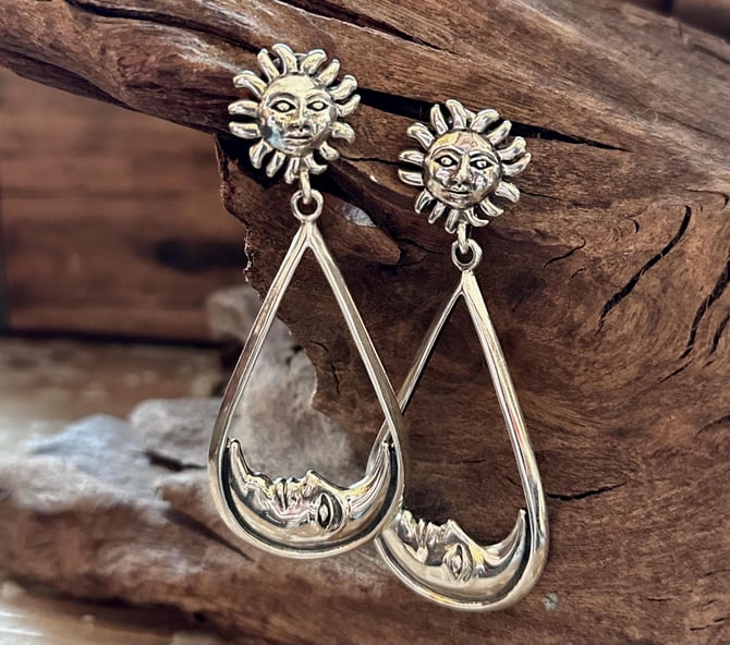 SUN AND MOON Statement Dangle Hoop Earrings, Sterling Silver