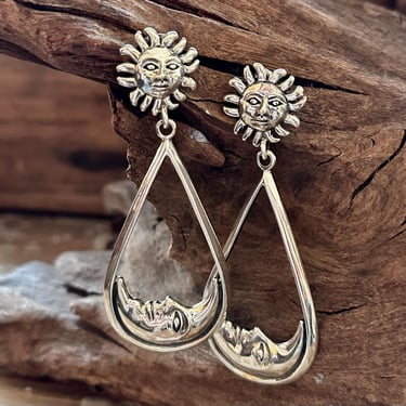 SUN AND MOON Statement Dangle Hoop Earrings, Sterling Silver | Handcrafted Mexican Jewelry | Made in Mexico 925 | Sun and Moon Face Details 