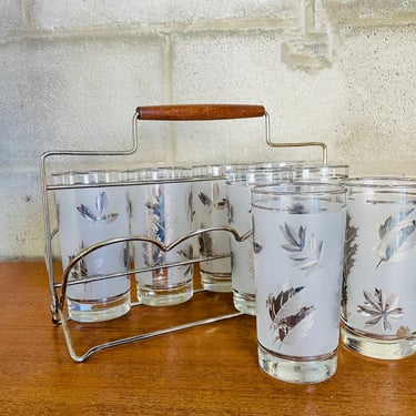Frosted Silver Leaf Glasses with Caddy