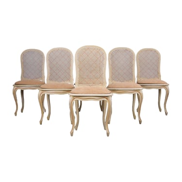 Antique French Louis XV Style Provincial Pained Cane Dining Chairs W/ Apricot Chenille Seats - Set of 6 