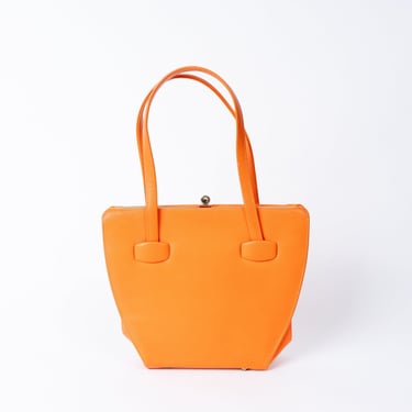 Vintage 1950s Orange Structured Handbag with Top Handles and Gold Hardware 