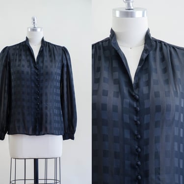 sheer black blouse | 80s plus size vintage dark academia plaid striped jacquard see through blouse 