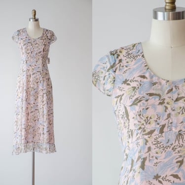 cute cottagecore dress | 90s y2k vintage pastel pink silk chiffon floral flutter sleeve midi dress 