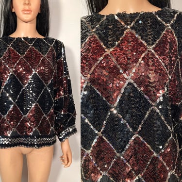 Vintage 70s/80s Black Bronze And Silver Dolman Sleeve Sequin Holiday Party Top Made In USA Size M 