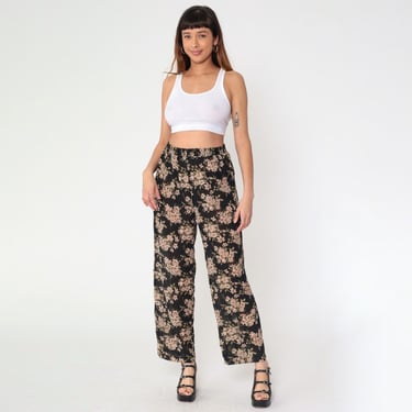 Vintage 90s Sheer Floral Pants Black Straight Leg Chiffon