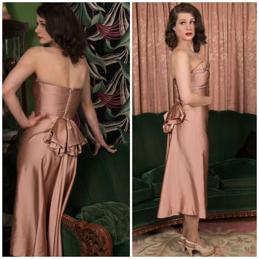1950s Gown - Exquisite Vintage 50s Strapless Matte Satin Cocktail Dress with Back Drape 