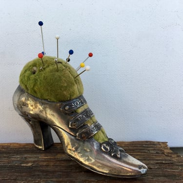 Antique Silver Victorian Shoe Pincushion, Miniature Victorian HIgh Heel Shoe, Sewing, Pins And Needles, Silver Slipper 