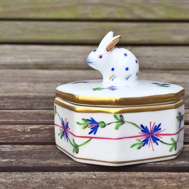 Herend porcelain trinket ring box Bunny rabbit lid Vintage Easter gift Spring decor 