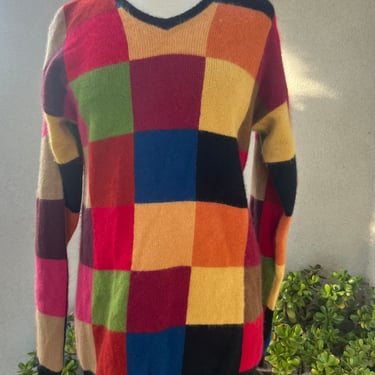 Vintage 80s cashmere sweater checkers fall colors Sz M by Lord and Taylor 