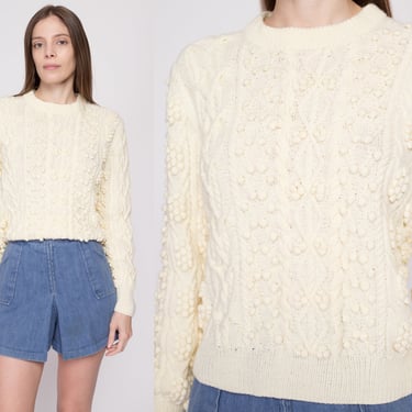 Medium 80s Popcorn Cable Knit Sweater | Vintage Cream Cropped Fisherman Pullover Jumper 