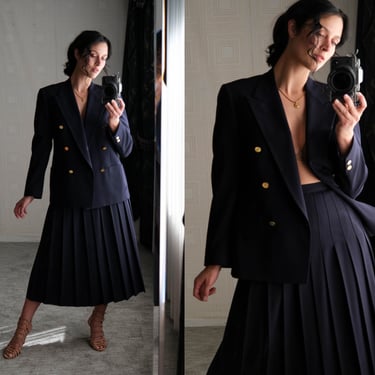 Vintage 80s BURBERRY Navy Blue Double Breasted Pleated Maxi Skirt Suit w/ Gold Logo Buttons | Made in USA | 1980s Designer Gabardine Suit 