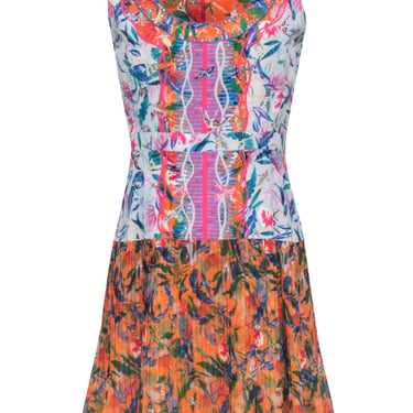 Saloni - Orange w/ Multicolor Bird Print Pleated Dress Sz 6