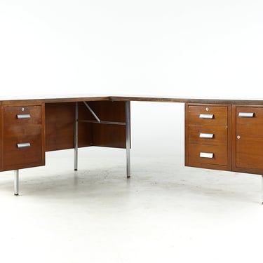 George Nelson Style Mid Century Walnut Formica and Cane L Desk - mcm 