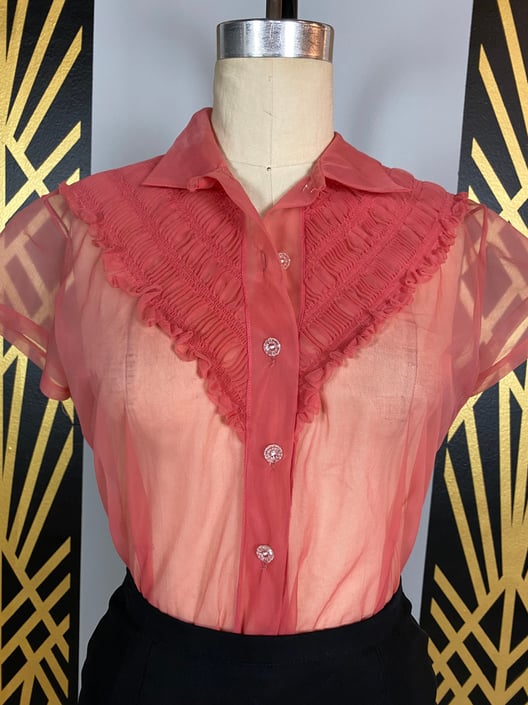 1950s blouse, sheer coral nylon, vintage 50s blouse, see