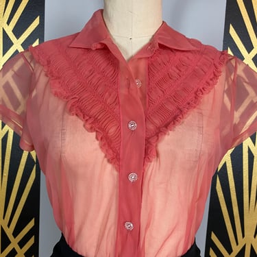 1950s blouse, sheer coral nylon, vintage 50s blouse, see through, medium, mrs maisel style, pin tucked, ruffled top, 34 36 bust, cap sleeve 