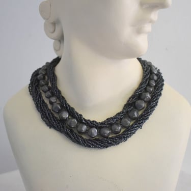 1950s Marvella Black Multi-Strand Bead Necklace 