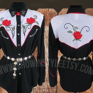 Vintage Retro Western Women's Cowgirl Shirt by 1849 Authentic Ranchwear, Embroidered Roses & Leaves, Tag Size XXLarge (see meas. photo) 