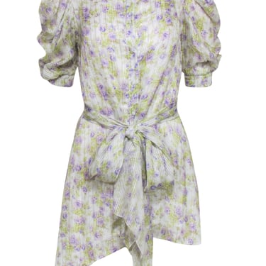 Hemant &amp; Nandita - White, Purple &amp; Green Floral Puff Sleeve Dress Sz XS