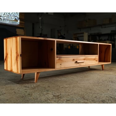 Bakewell Vinyl Console, Mid Century Credenza, Modern Vinyl Storage, Solid Wood Media Storage (Shown in Madrone) 