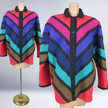 VINTAGE 80s Marguerite Rubel Primary Rainbow Color Block Chevron Jacket Size 16 | 1980s Lightweight Patchwork Quilted Coat Plus Volup | vfg 